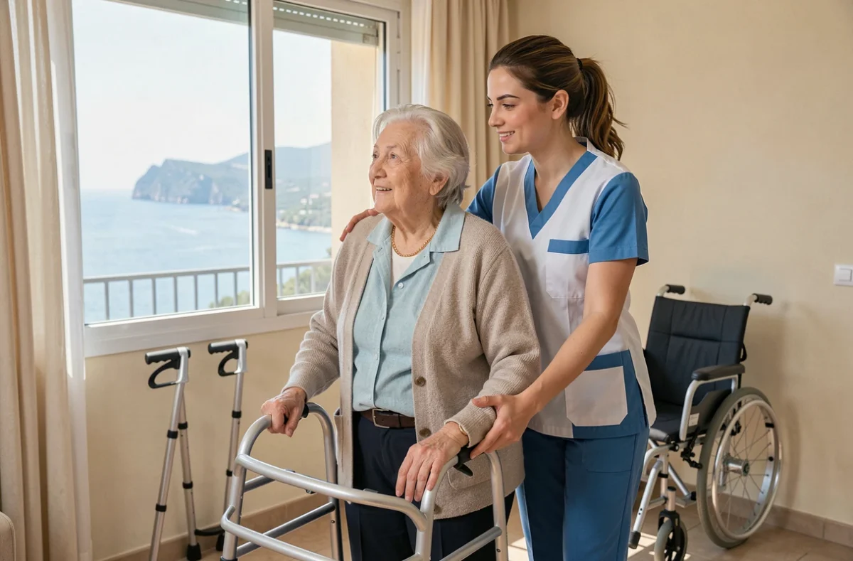 Une aide-soignante AD Seniors accompagne une femme âgée avec un déambulateur dans un appartement avec vue sur la mer à Nice