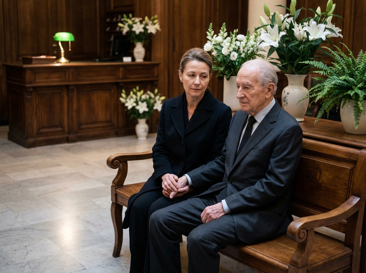 Deux personnes âgées assises dans un salon funéraire parisien