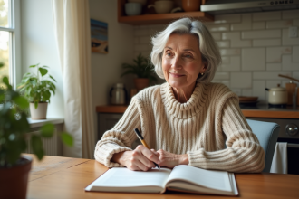 Femme écrivant des affirmations positives dans sa cuisine
