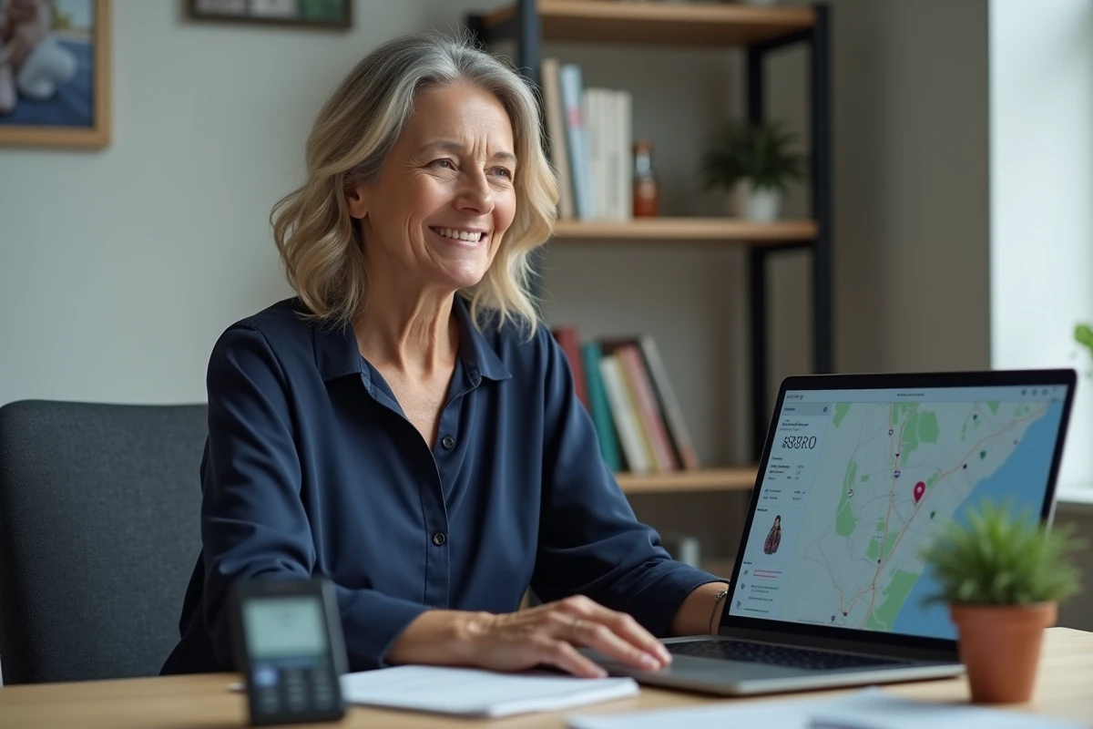 Femme aidante surveillant la localisation d'un proche âgé via une interface GPS sur ordinateur, suivi géolocalisation senior à distance