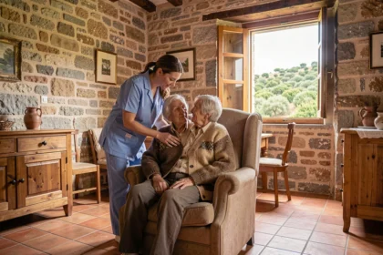 Aide à domicile en Corse : une auxiliaire de vie assiste une dame âgée dans une maison en pierre corse traditionnelle