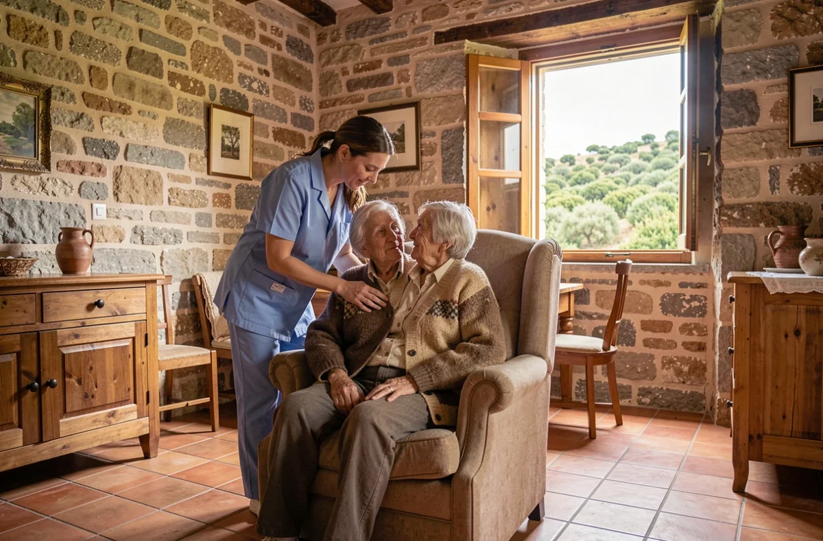 Aide à domicile en Corse : une auxiliaire de vie assiste une dame âgée dans une maison en pierre corse traditionnelle