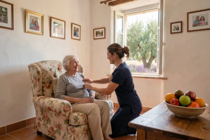 Une aide à domicile en uniforme assiste une femme âgée dans un intérieur provençal chaleureux avec vue sur la lavande