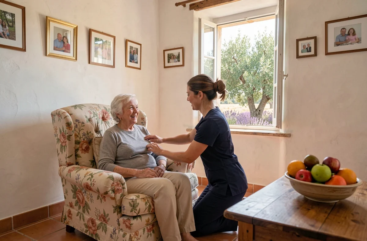 Une aide à domicile en uniforme assiste une femme âgée dans un intérieur provençal chaleureux avec vue sur la lavande
