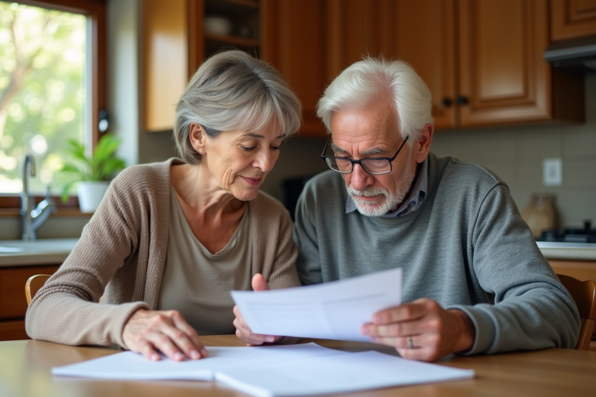 Femme aidant un homme âgé à lire des documents à la maison