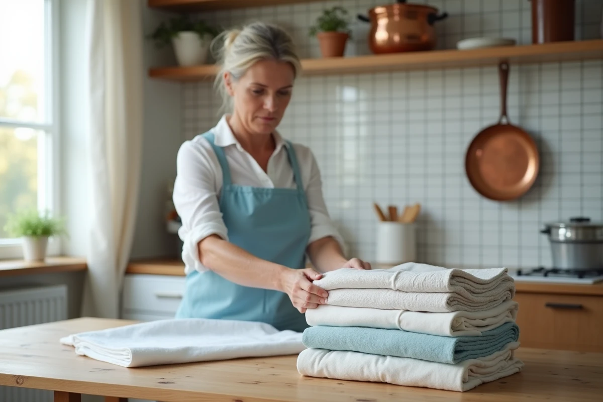 Femme qui plie du linge propre dans une cuisine appartement parisien pour illustrer les aides ménagères