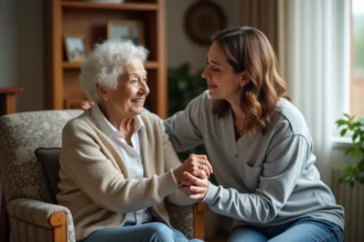 Femme âgée en exercice avec une aidante dans un salon chaleureux
