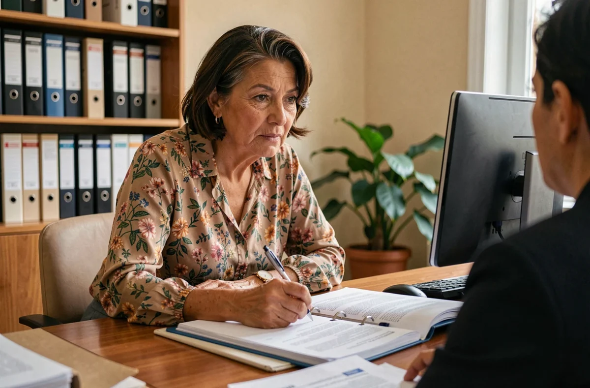Aide-soignante retraitée en rendez-vous dans un organisme de retraite pour calculer sa pension