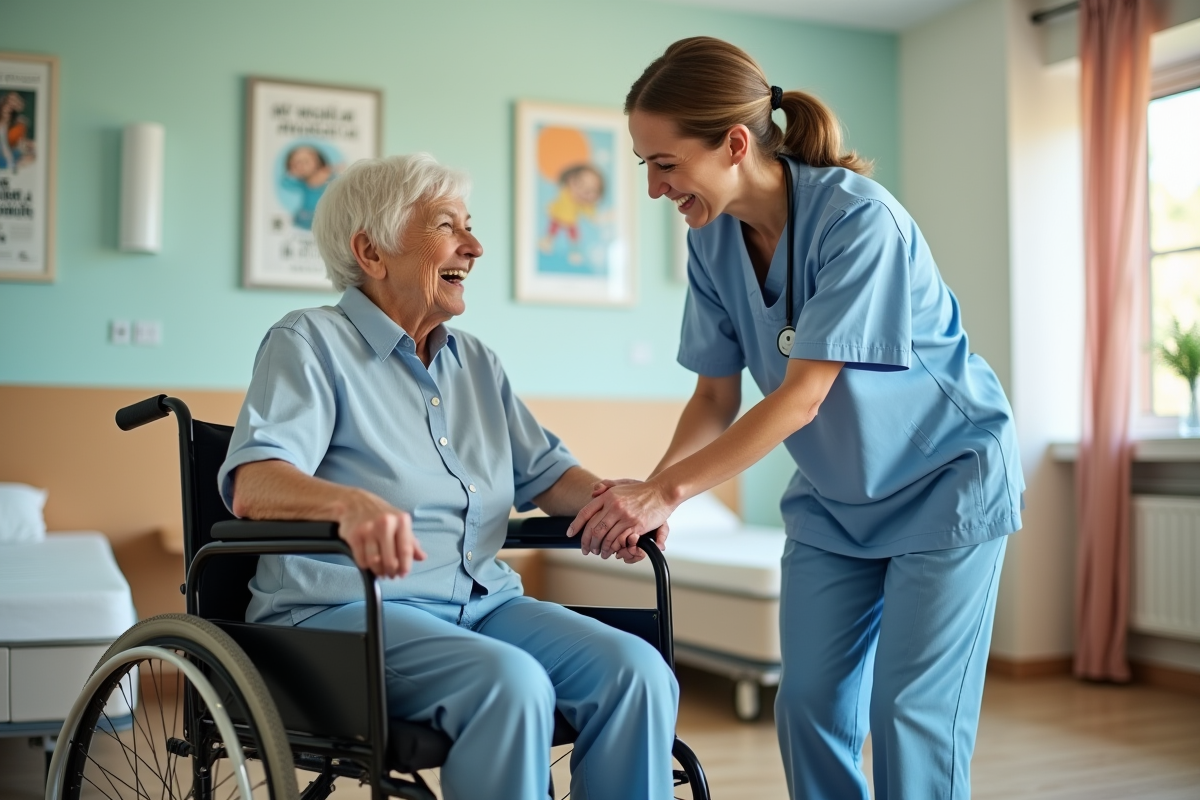 Aide-soignante aidant une patiente âgée à passer du lit au fauteuil roulant