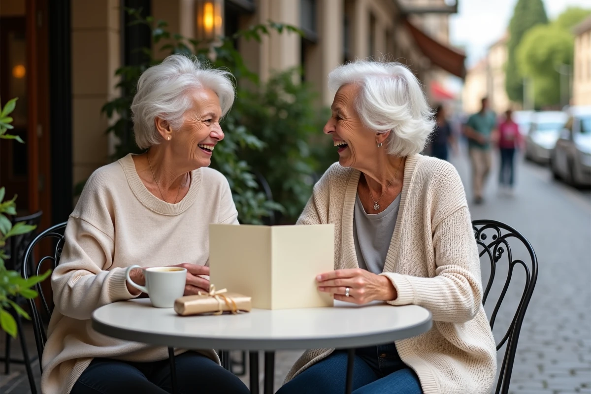 Deux amies de longue date riant ensemble autour d'une carte humoristique de départ à la retraite en terrasse de café