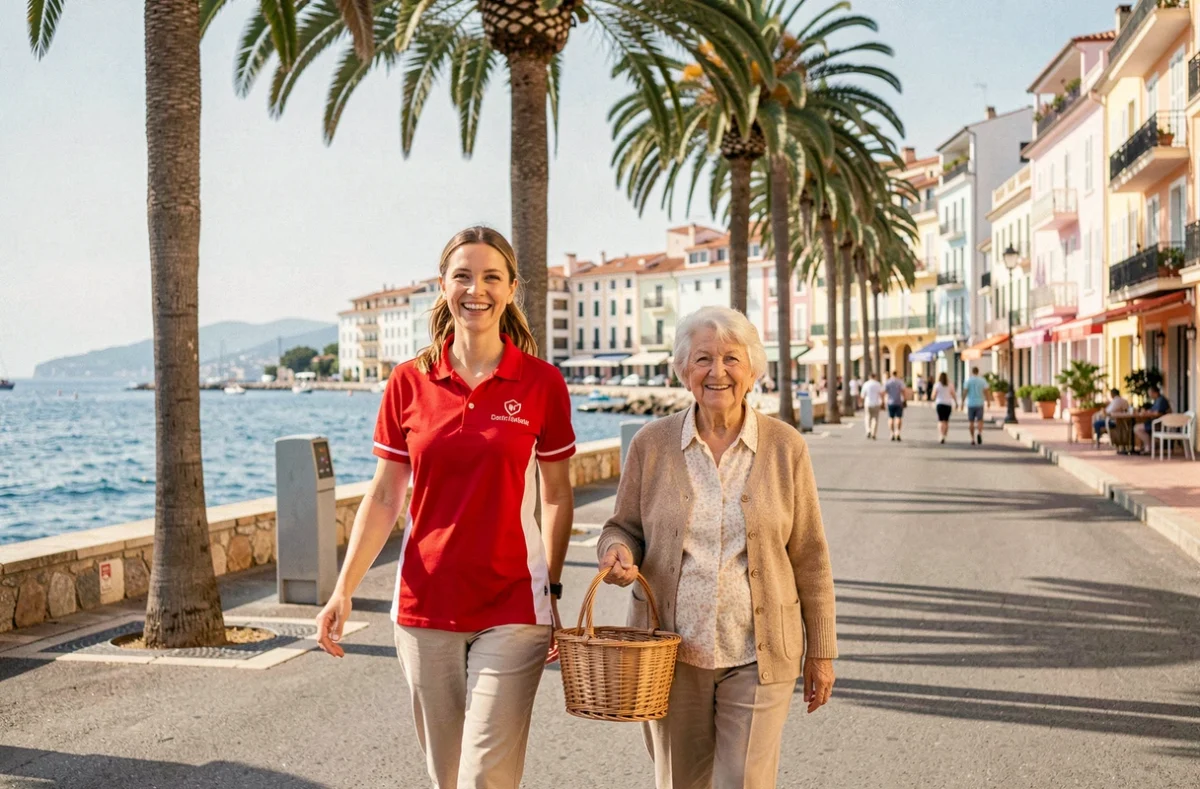 Une auxiliaire de vie Apef Services accompagne une dame âgée en promenade sur la Croisette à Cannes