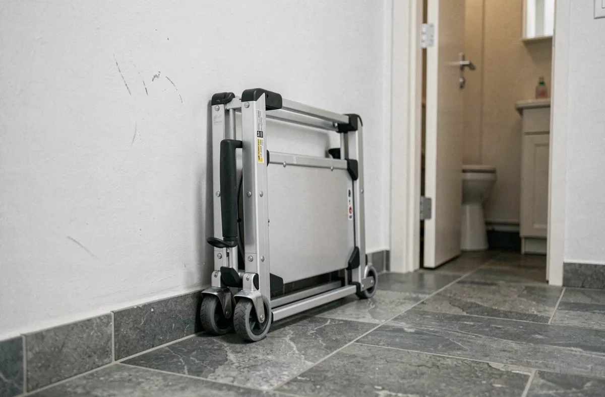 Ascenseur portable sans installation replié dans un couloir d'appartement illustrant sa compacité et son coût d'entretien