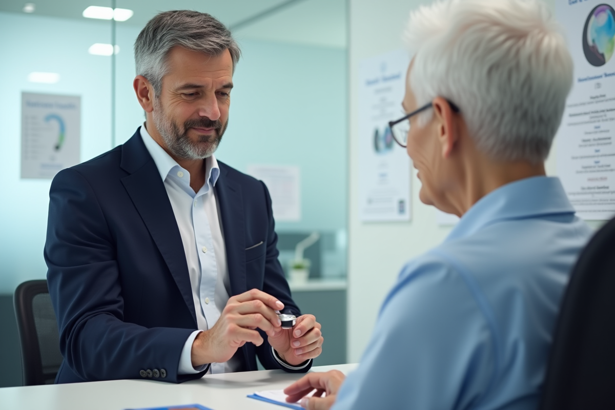 Audiologiste montrant un appareil auditif à un patient âgé