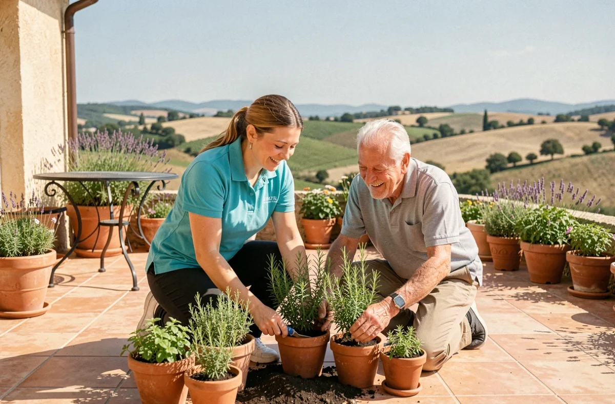 Une auxiliaire de vie Azaé aide un homme âgé à entretenir ses plantes aromatiques sur une terrasse ensoleillée en Provence