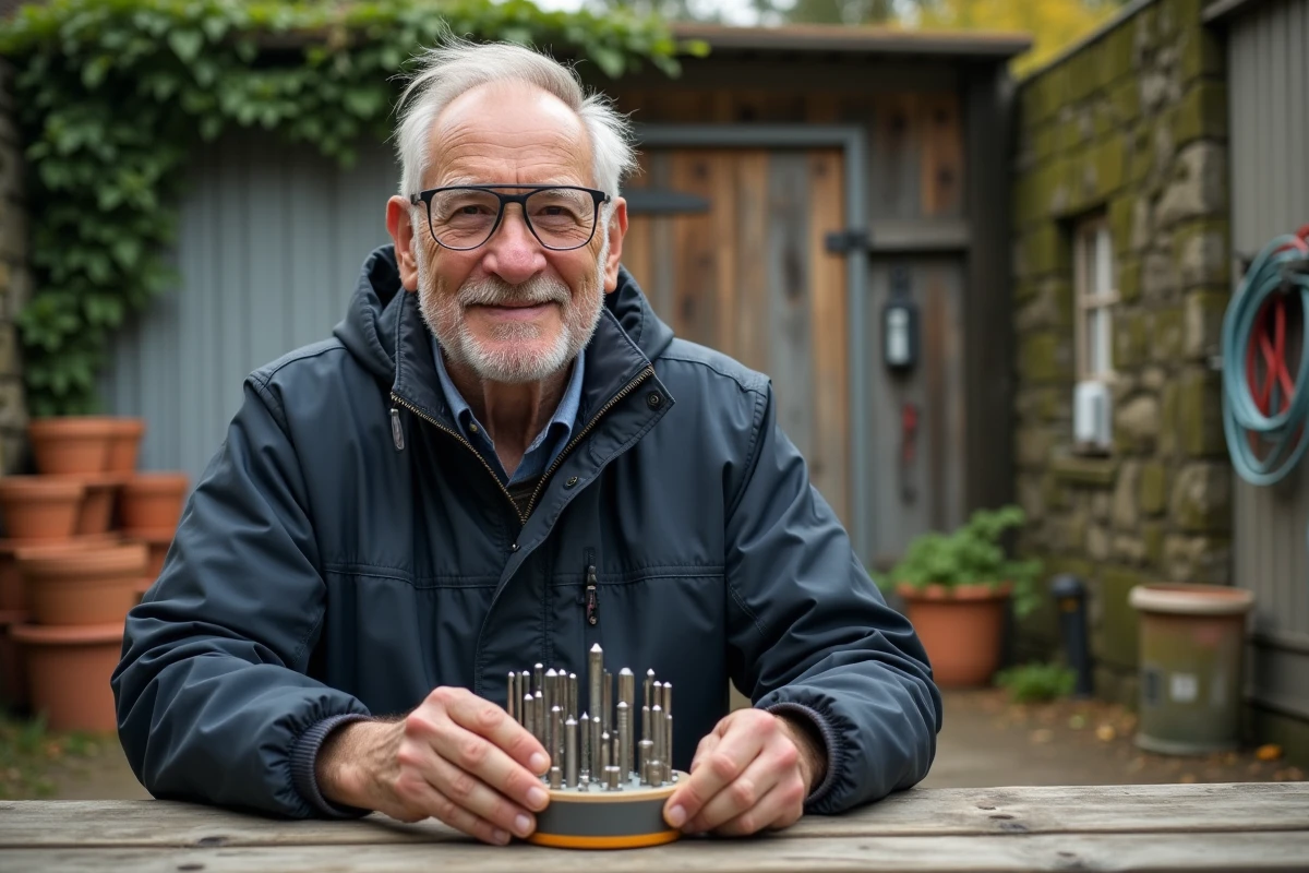 Senior bricoleur de 60 ans inspectant un coffret d'embouts de précision devant son abri de jardin en bois