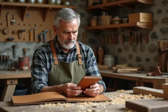 Homme de 60 ans bricoleur découvrant un coffret de ciseaux à bois de précision dans son atelier en bois rustique