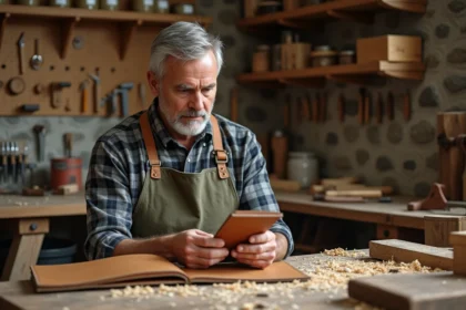 Homme de 60 ans bricoleur découvrant un coffret de ciseaux à bois de précision dans son atelier en bois rustique