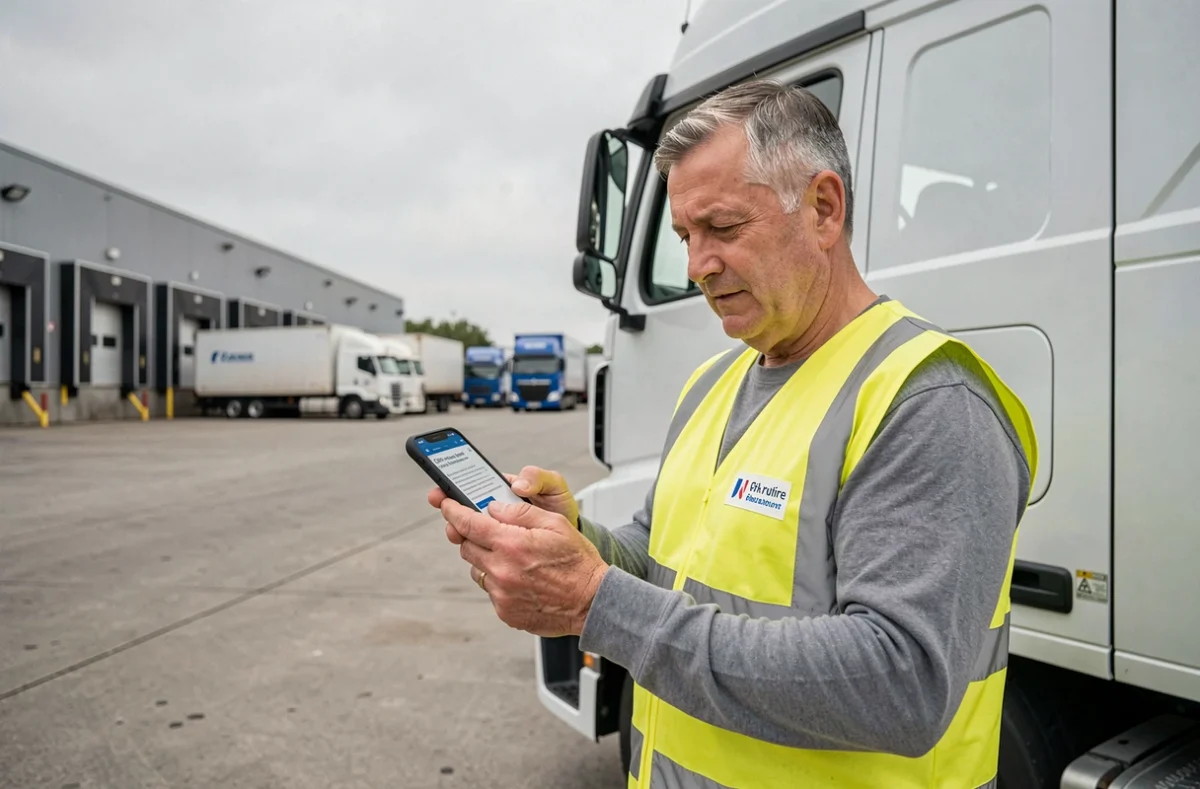 Chauffeur routier consultant les démarches CFA sur son téléphone dans un dépôt logistique