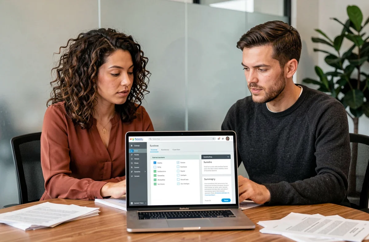 Deux curateurs collaborant sur une plateforme de gestion de dossiers en salle de réunion