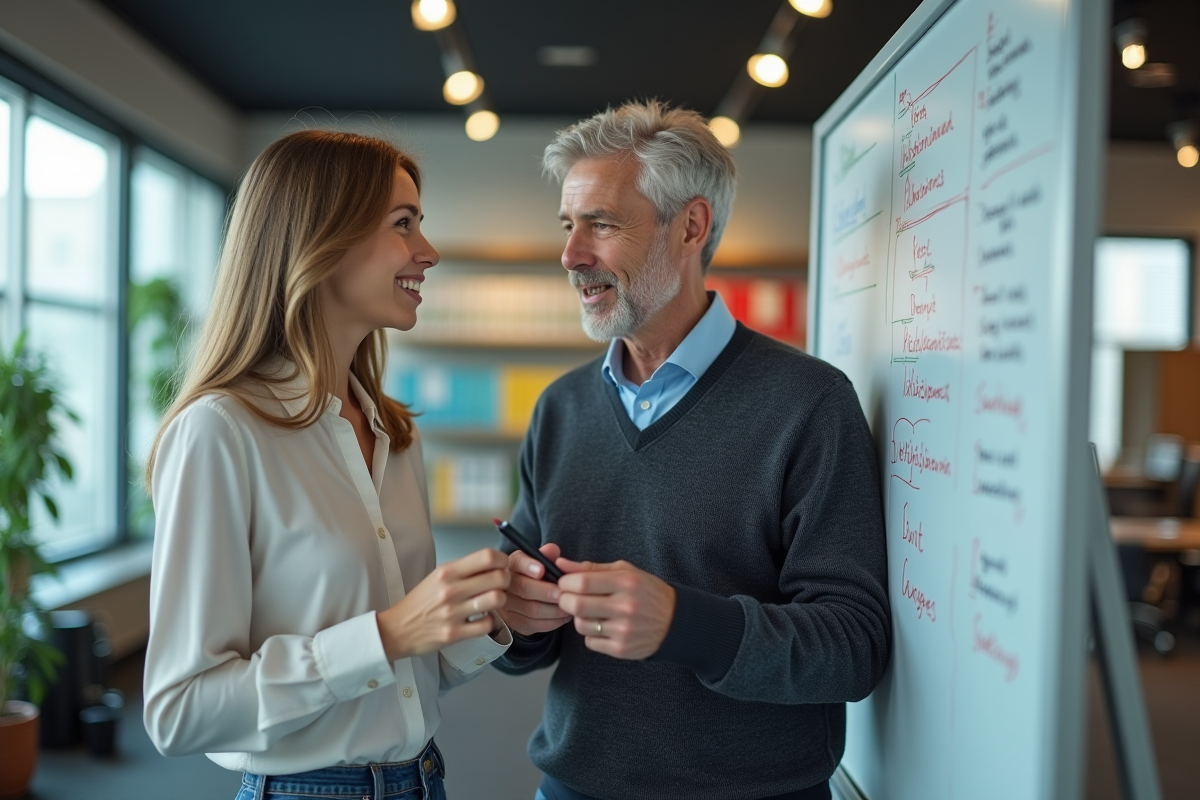 Deux collègues discutant devant un tableau blanc au bureau