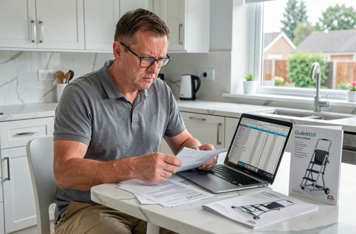 Homme comparant les coûts d'un ascenseur portable sur cinq ans avec des documents et un ordinateur portable