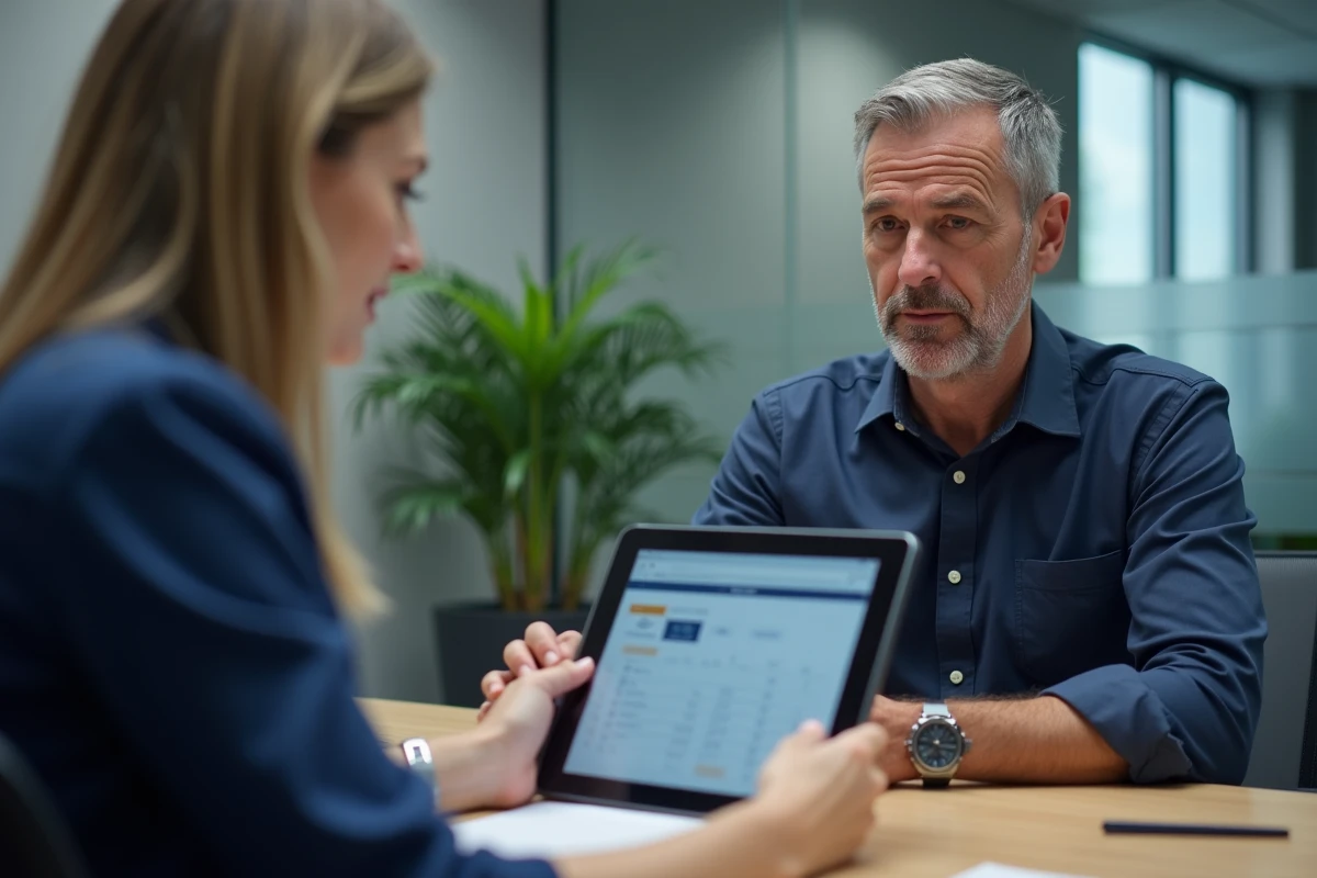 Homme et conseiller juridique consultant une application de gestion de protection sur tablette dans un bureau professionnel