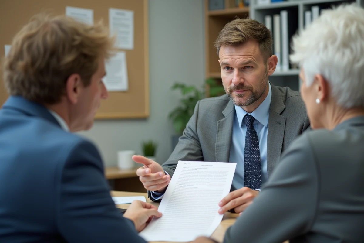 Conseiller expliquant les aides et droits à la retraite complémentaire à un couple de retraités dans un bureau administratif