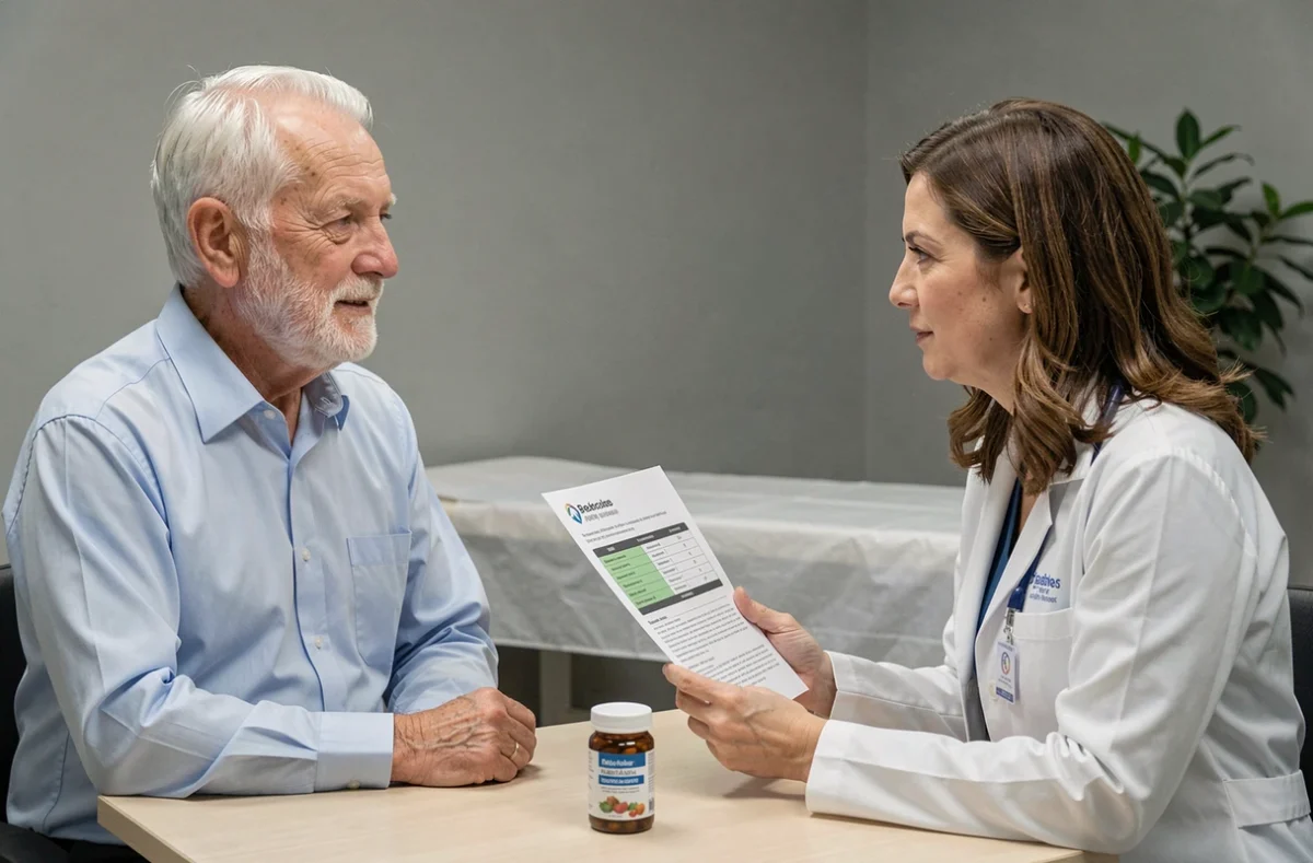 Homme âgé en consultation médicale discutant de compléments alimentaires avec son médecin