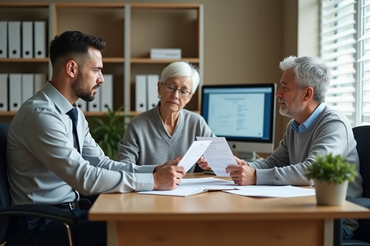 Travailleur social accompagnant un couple lors d'une consultation sur le placement d'un proche atteint de démence précoce