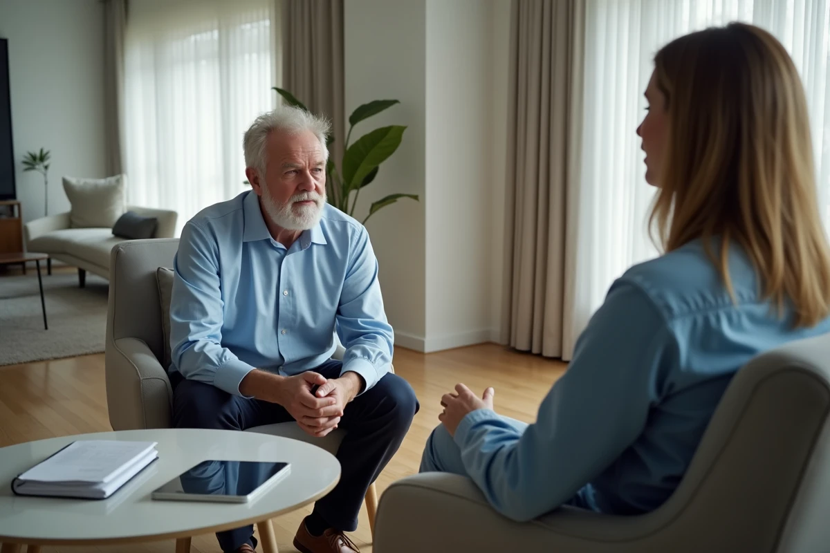 Homme discutant avec une assistante sociale dans un salon moderne