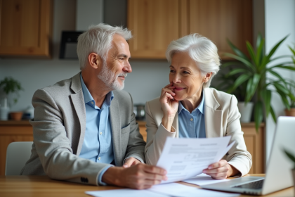 Couple d'âge moyen discutant à la maison avec documents