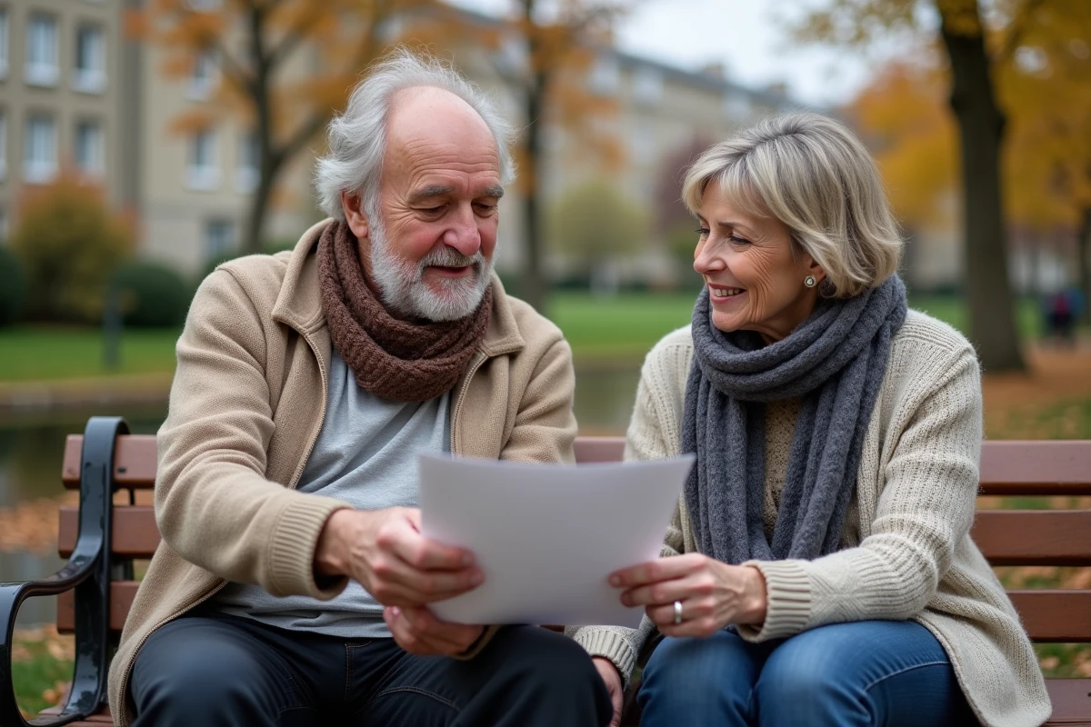 Couple retraité discute pension dans un parc en automne