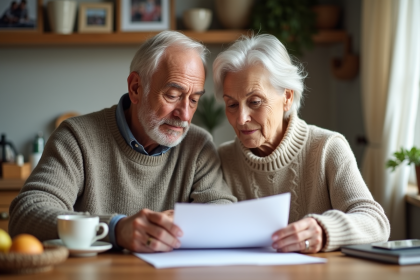 Couple senior examine documents immobiliers à la maison
