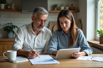 Couple d'adultes analysant des documents financiers dans une cuisine lumineuse