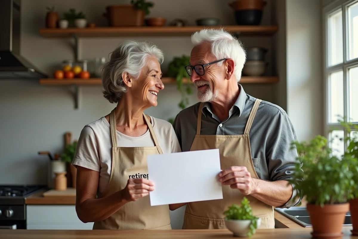 Couple de retraités souriants dans leur cuisine tenant un faux diplôme humoristique de retraite et un tablier avec slogan amusant