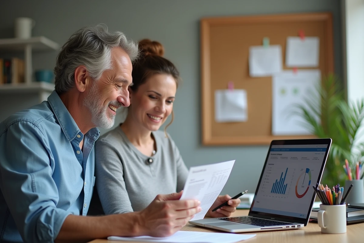 Couple de parents étudiant ensemble les documents et l'interface de télégestion LogisFil dans un bureau familial