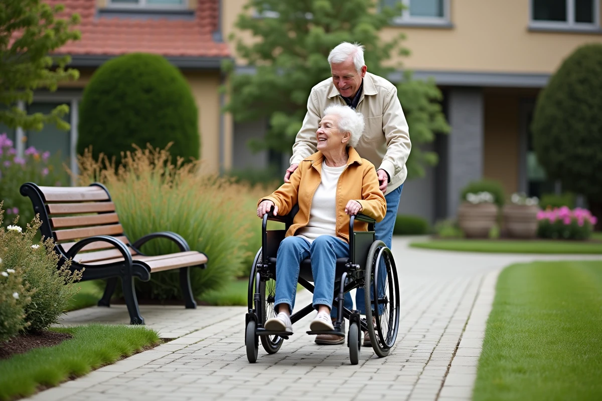 Couple senior poussant une personne en fauteuil dans le jardin