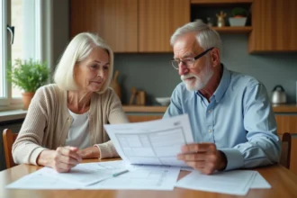 Couple de retraités examinant des documents fiscaux à la table de leur cuisine pour optimiser leur abattement fiscal de 10%