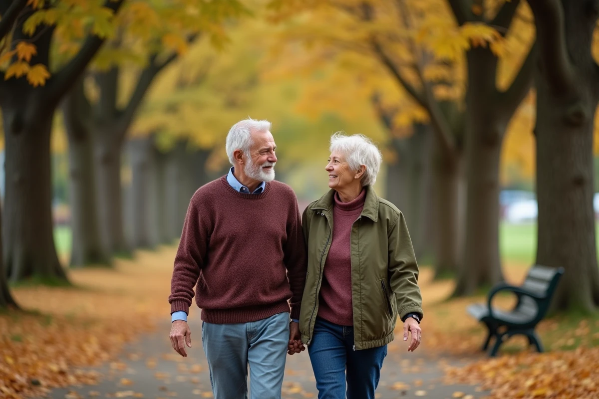 Couple de retraités se promenant dans un parc en automne, souriant et détendu, illustrant la sérénité d'une retraite bien planifiée entre départ anticipé et pension maximale