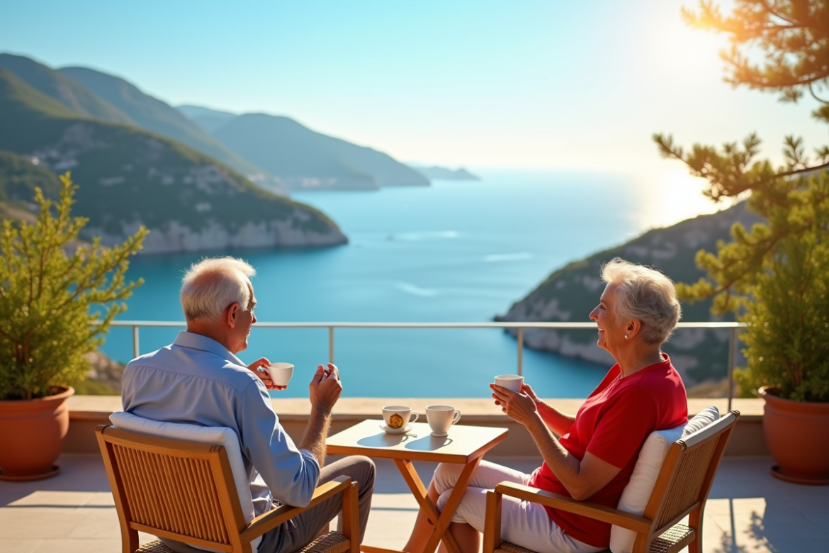 Couple retraité profitant de la terrasse ensoleillée avec vue sur la mer