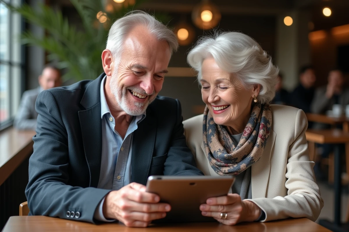 Couple senior élégant souriant avec tablette en café