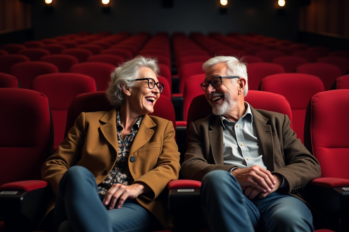 Couple senior discutant dans une salle de cinéma chaleureuse