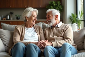 Couple senior souriant assis sur un canapé lumineux