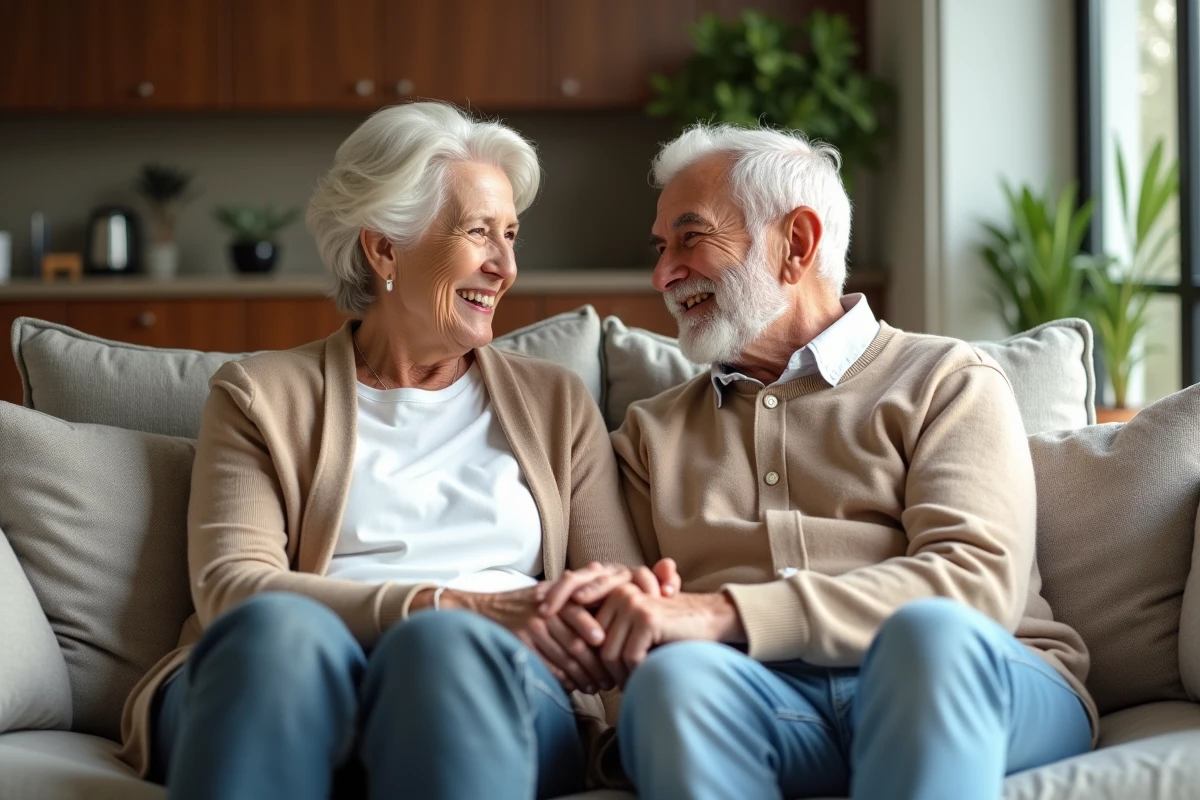 Couple senior souriant assis sur un canapé lumineux