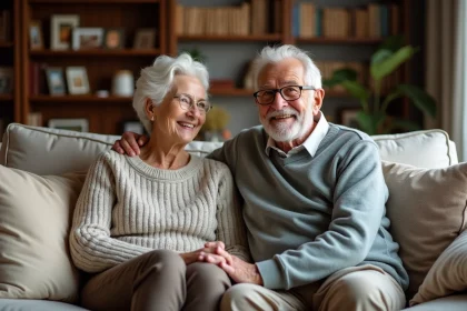 Couple senior assis sur un sofa partageant un sourire chaleureux