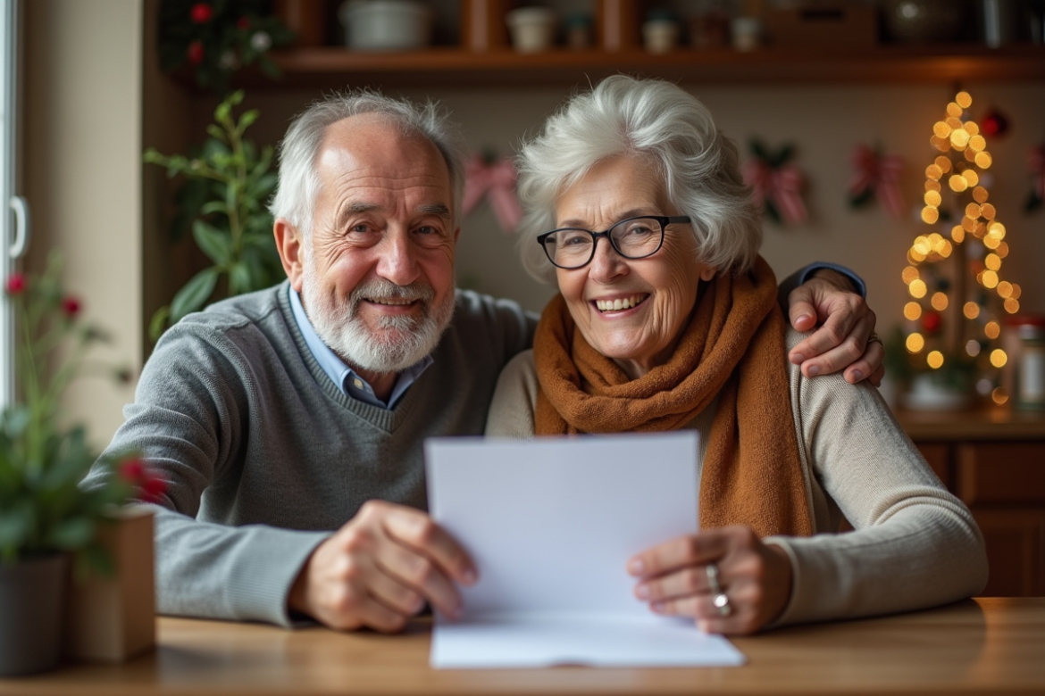Couple senior ouvrant une lettre de Noël à la maison