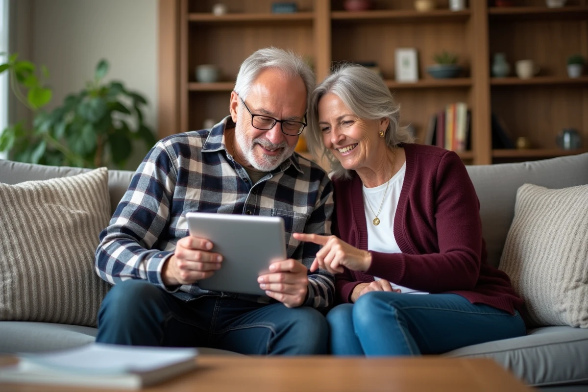 Couple de seniors consultant ensemble leur épargne retraite PRO BTP sur une tablette dans leur salon