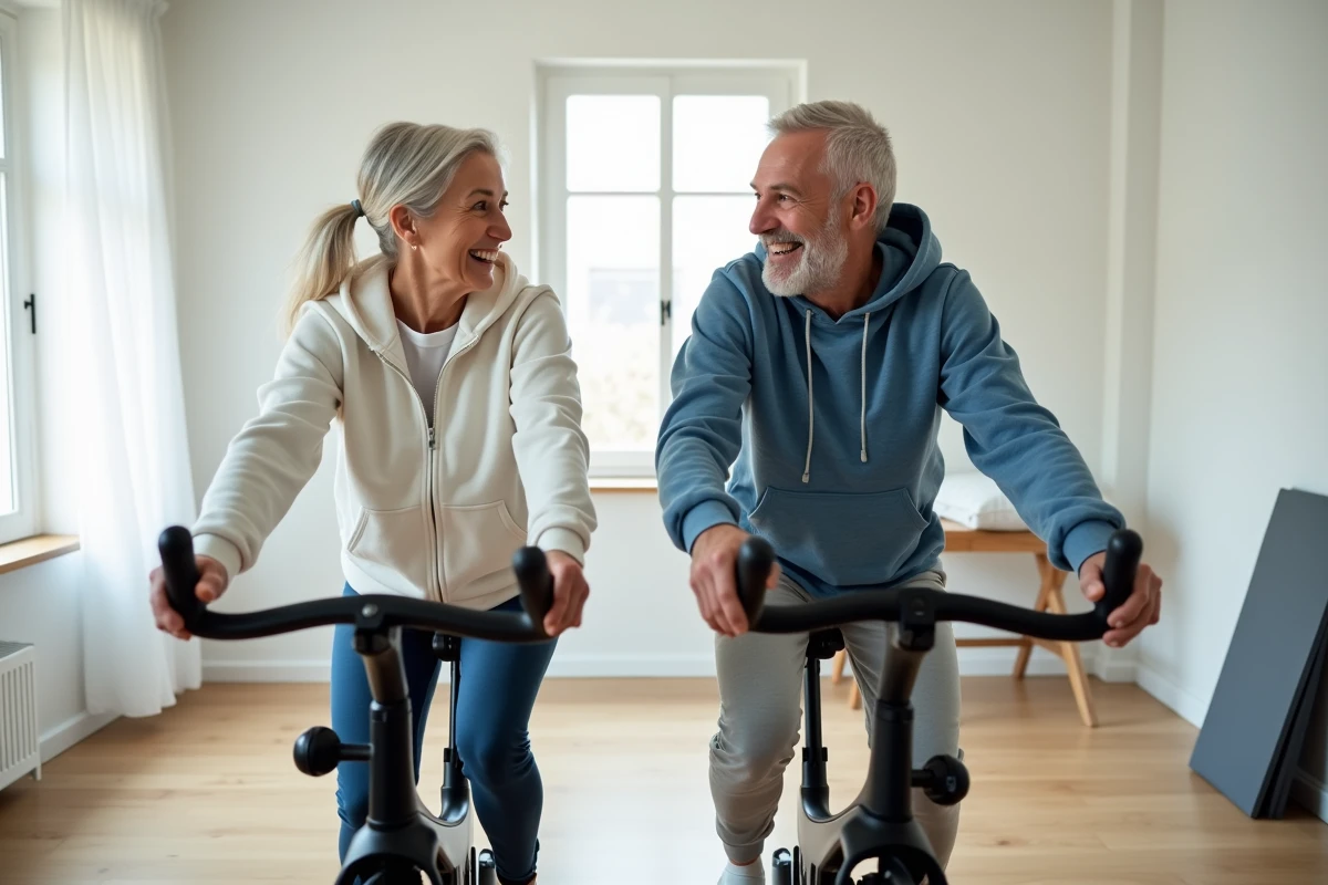 Couple de seniors s'entraînant ensemble sur des vélos d'appartement dans une chambre aménagée en espace bien-être