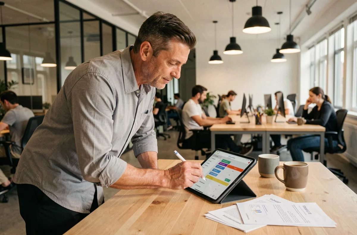 Curateur masculin gérant des dossiers sur tablette dans un espace de coworking moderne