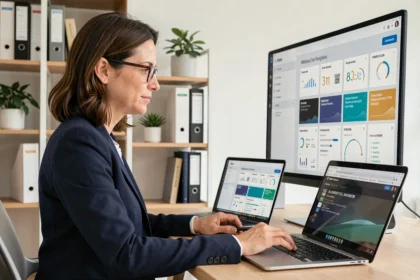 Curatrice professionnelle analysant des dossiers sur un tableau de bord numérique dans un bureau organisé